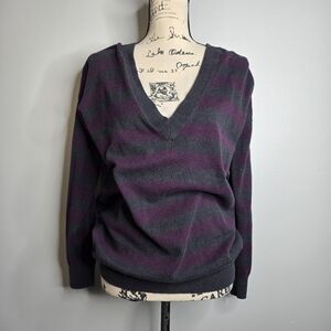 ​Gap Purple & Charcoal Striped V-Neck Sweater - Cotton Cashmere Blend - Medium